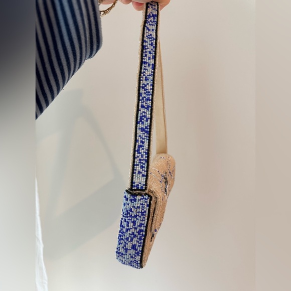 Anthropologie Beige and Blue Embroidered Eye Shoulder Bag - Picture 2 of 6